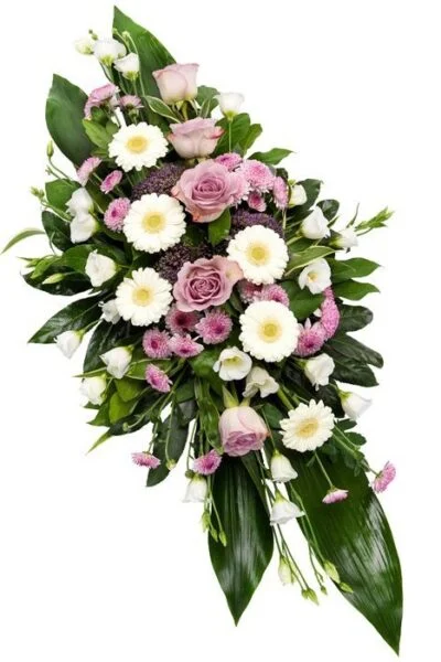 Double-ended coffin spray in ivory and blush tones