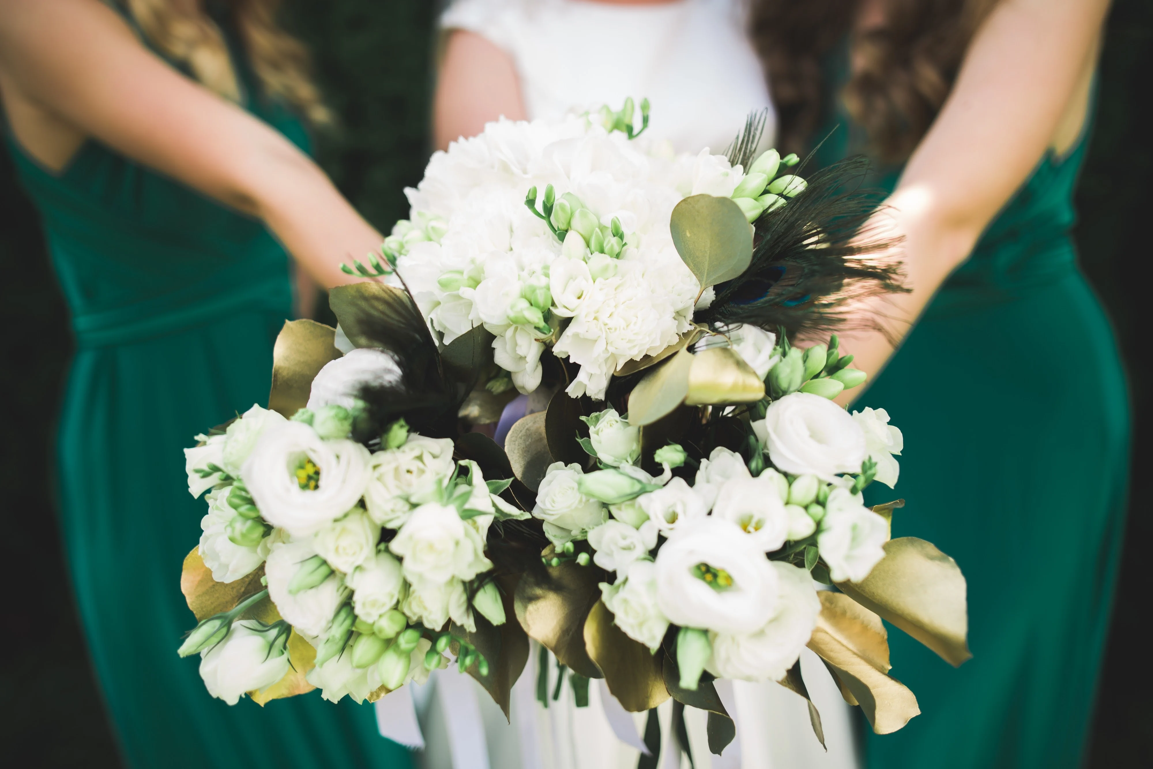 Green and white seasonal wedding flowers