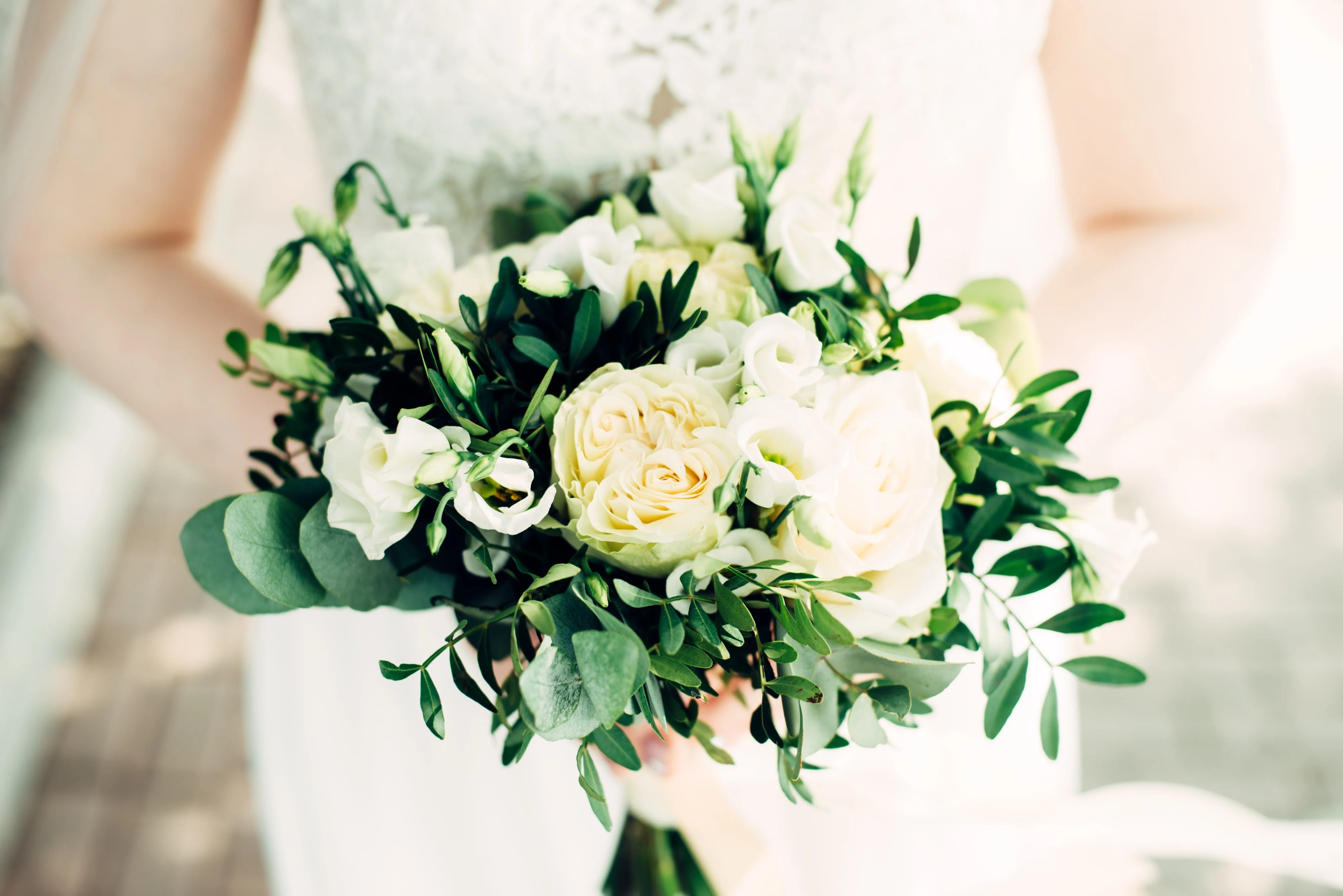 White and green wedding bouquet close-up