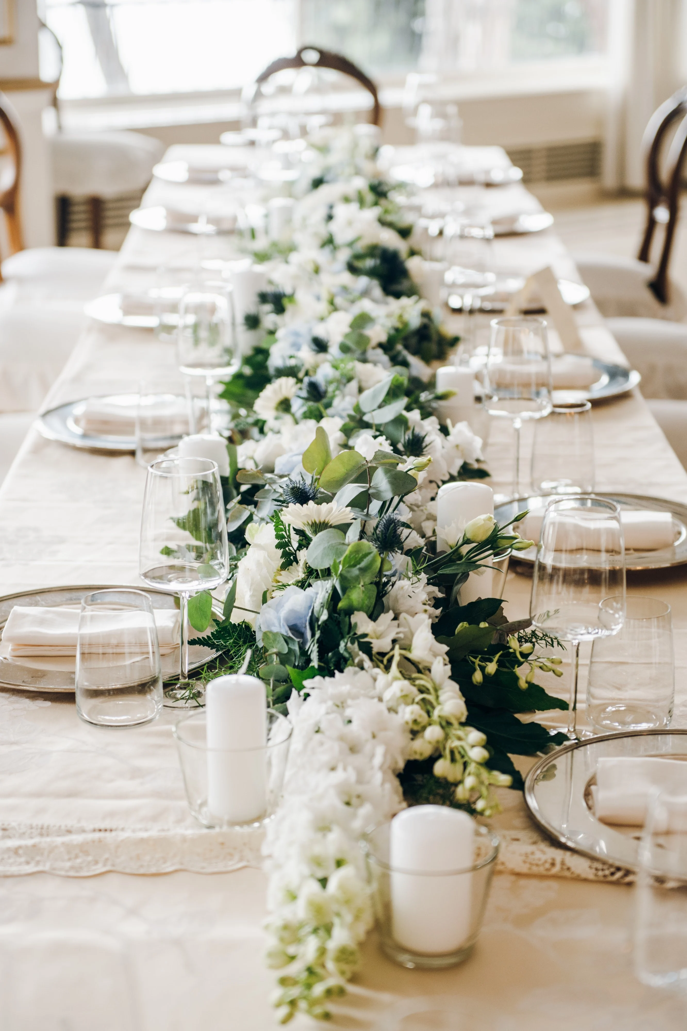 Greenery and white flowers table runner