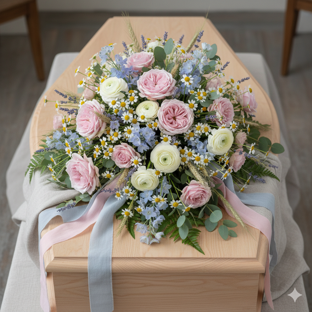 Large pastel coffin spray funeral tribute
